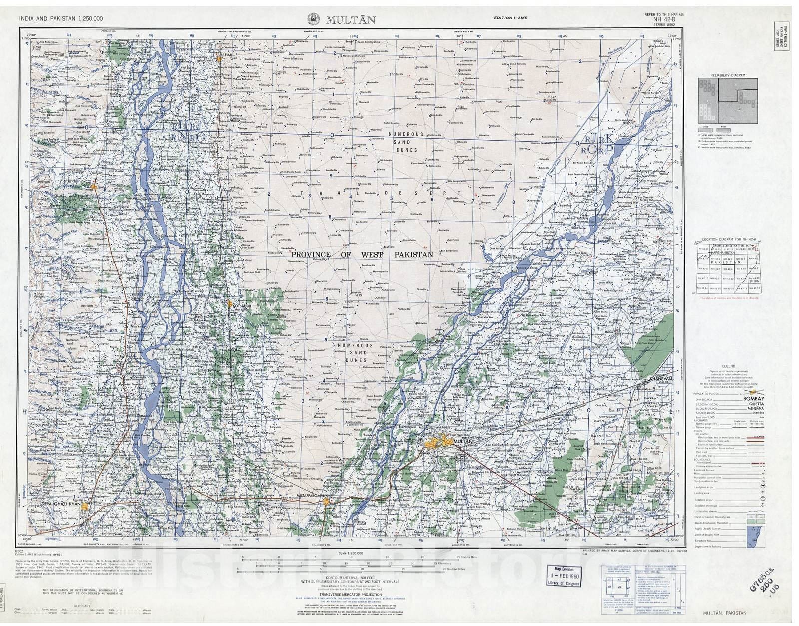 Historic 1955 Map - India and Pakistan 1:250,000. - Multan, Pakistan 1959