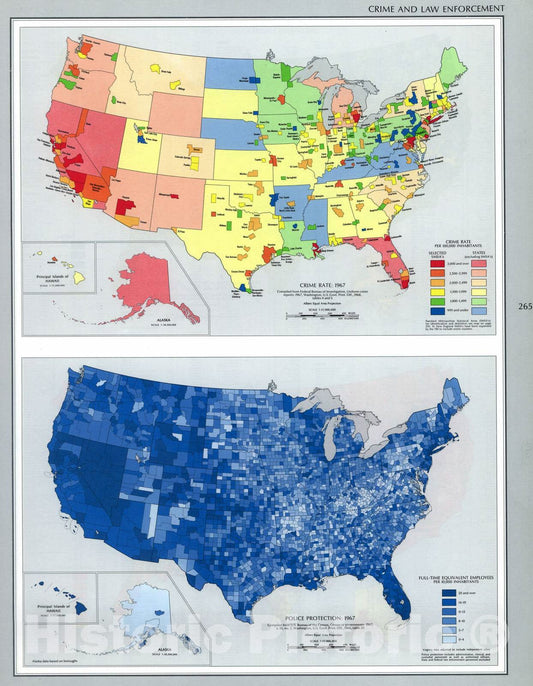 Historic 1970 Map - The National Atlas of The United States of America. - Crime and Law Enforcement