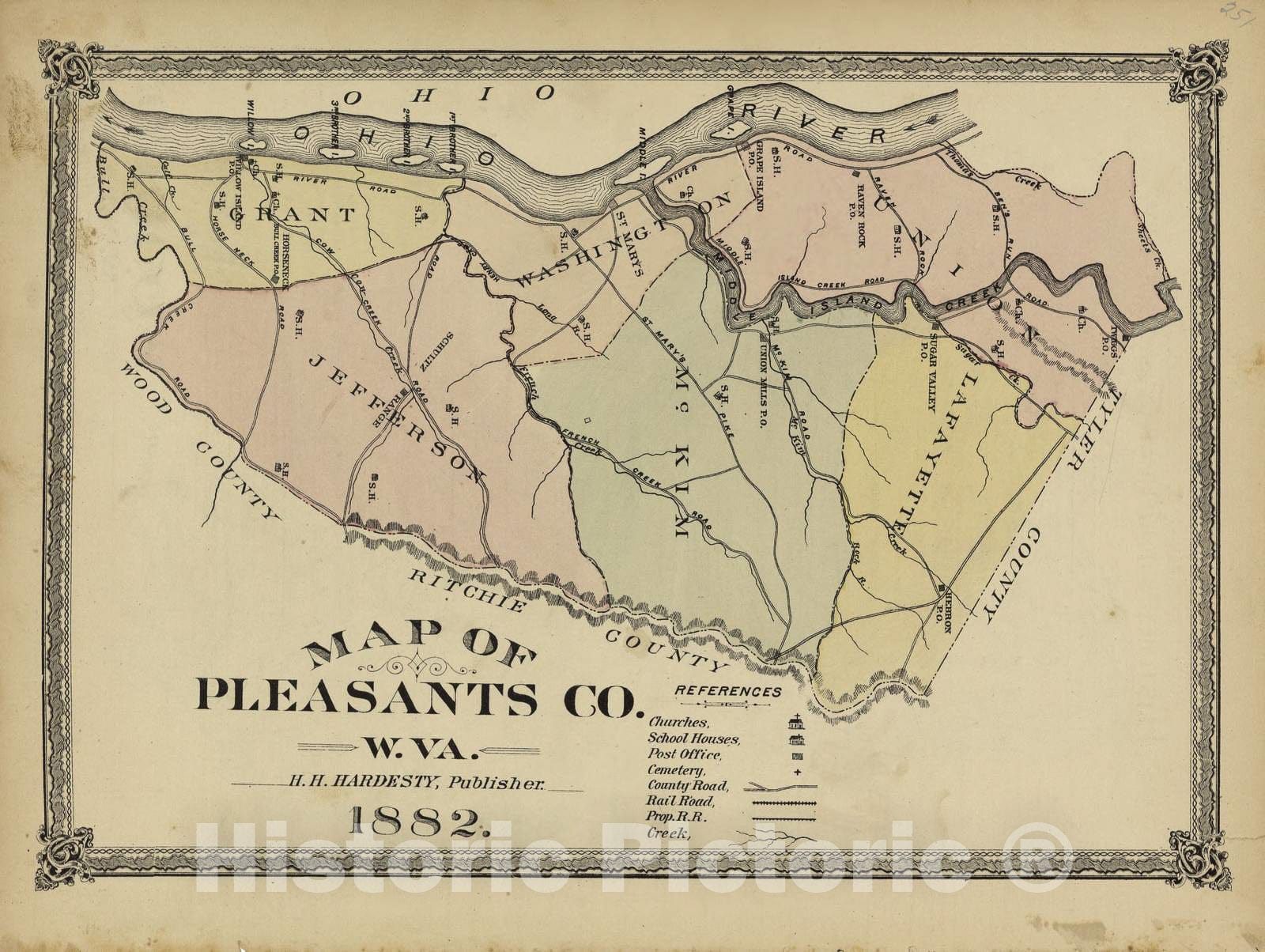 Historic 1882 Map - Historical Hand-Atlas, Illustrated - Map of Pleasants County, West Virginia - Historical Hand Atlas, Illustrated, General & Local