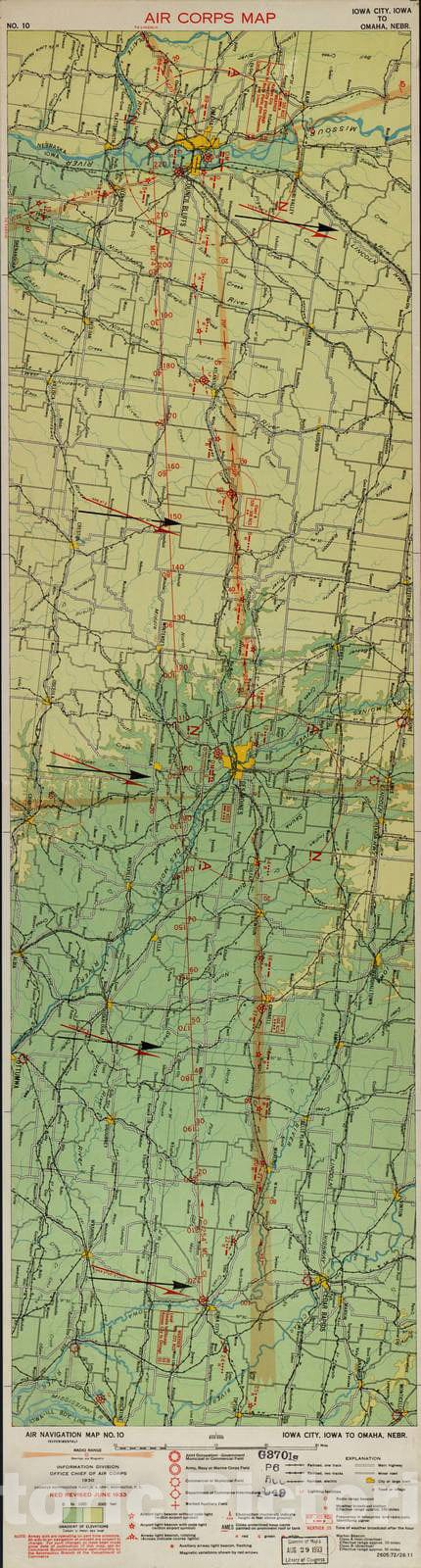 Historic 1924 Map - Aeronautical Strip maps of The United States. - No. 10, 1930 - rev. June 1933 - Air Corps map