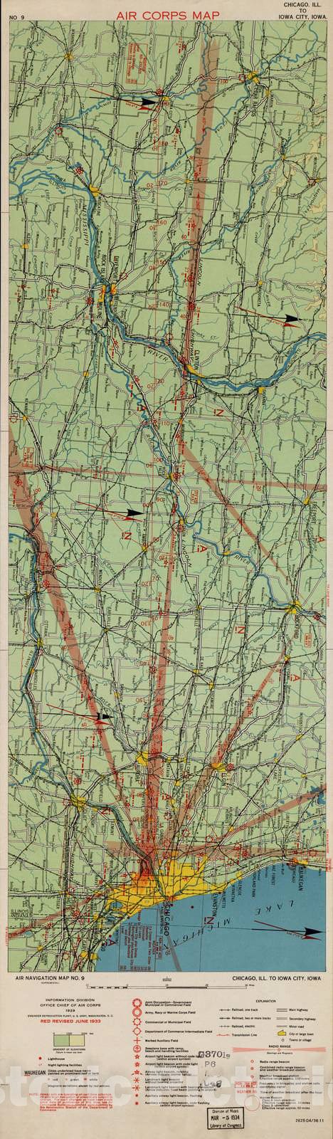 Historic 1924 Map - Aeronautical Strip maps of The United States. - No. 9, 1929 - rev. June 1933 - Air Corps map