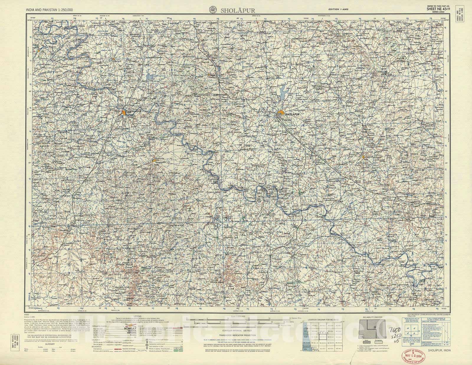 Historic 1955 Map - India and Pakistan 1:250,000. - Sholapur, 1963