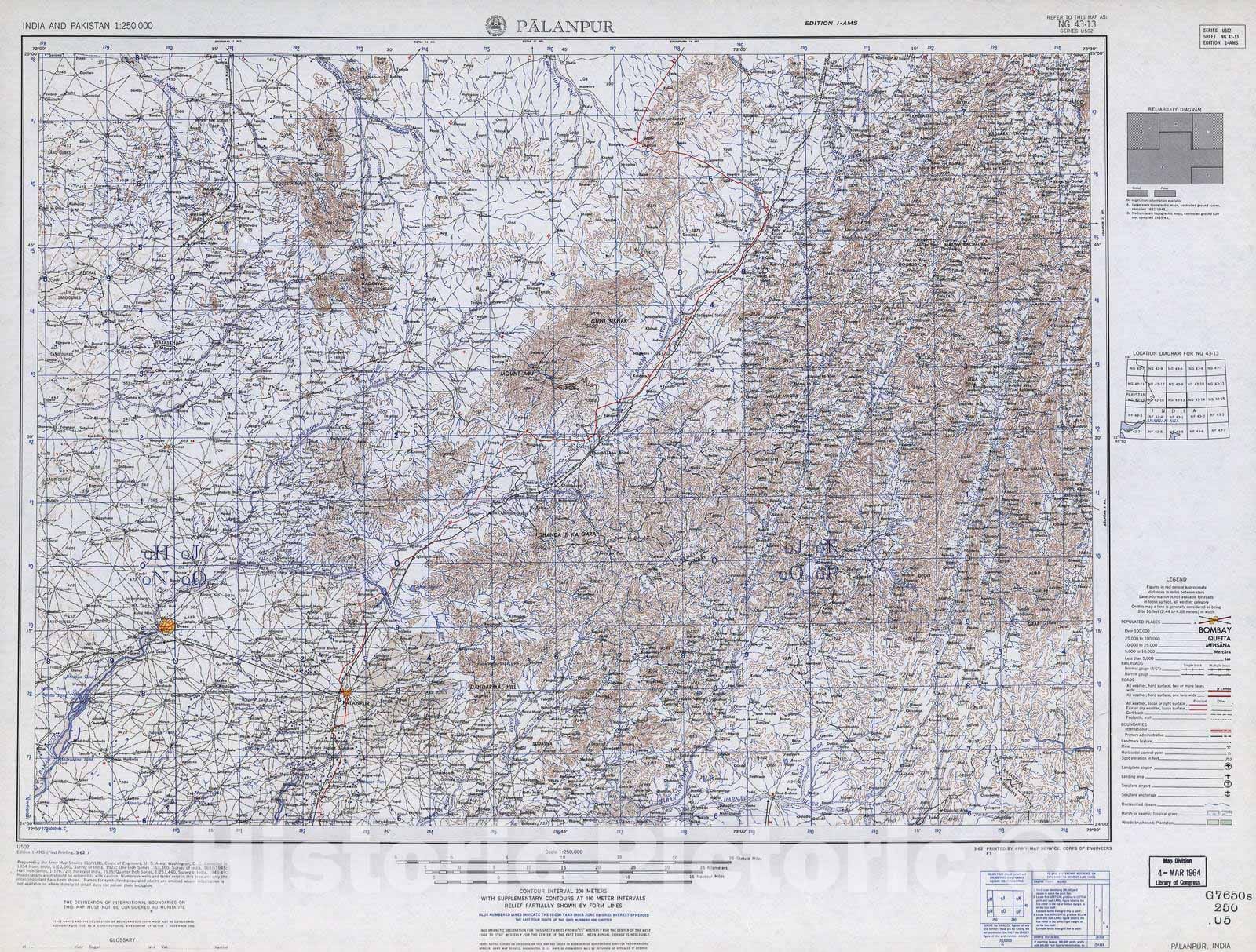 Historic 1955 Map - India and Pakistan 1:250,000. - Palanpur, India 1962