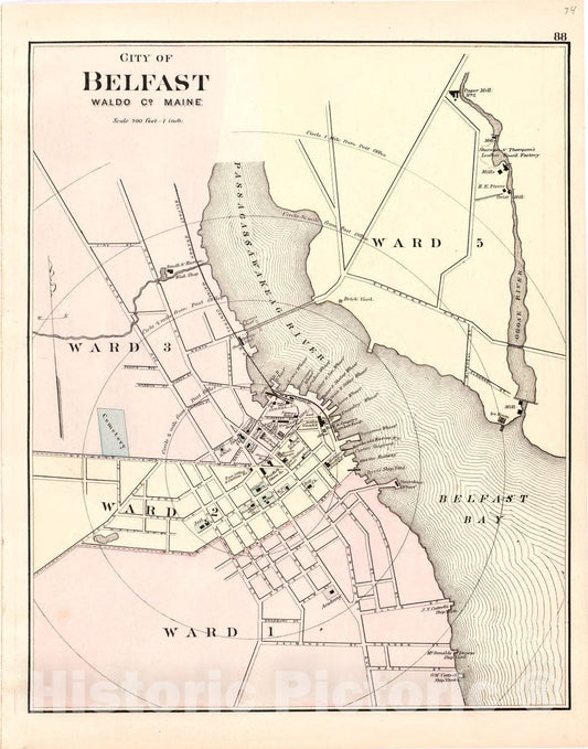 Historic 1887 Map - Colby's Atlas of The State of Maine - City of Belfast Waldo Co. Maine