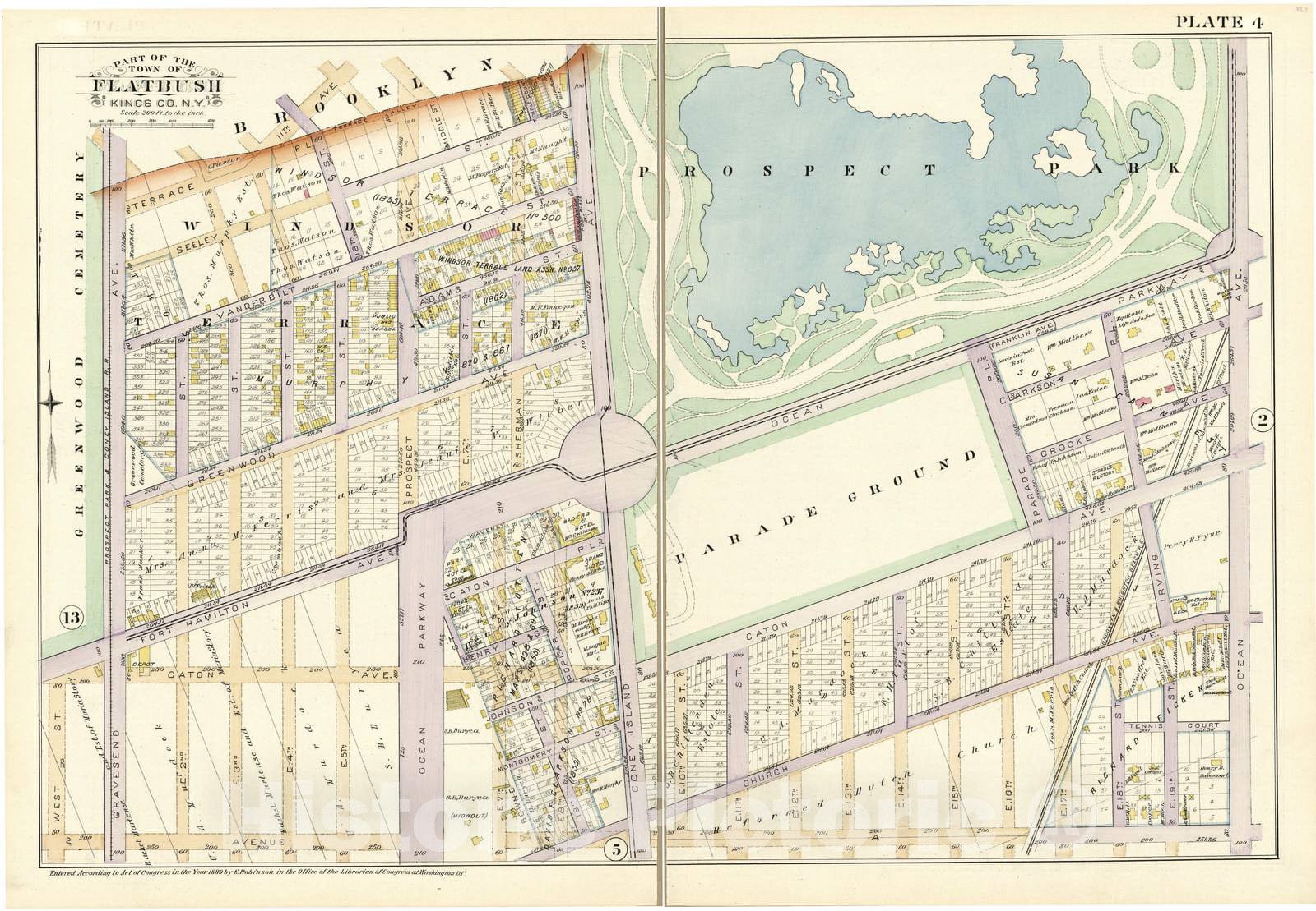 Historic 1890 Map - Robinson's Atlas of Kings County, New York - Plate 4 - Part of The Town of Flatbush Kings Co, N.Y.