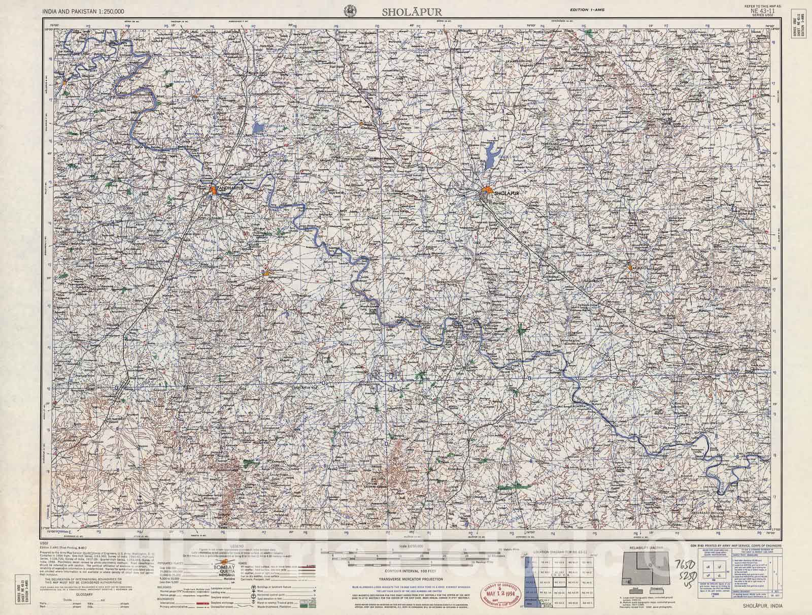 Historic 1955 Map - India and Pakistan 1:250,000. - Sholapur, 1960