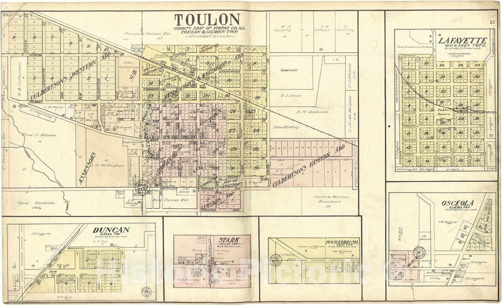 Historic 1907 Map - Standard Atlas of Stark County, Illinois - Toulon; Duncan; Stark; Puckerbrush; Lafayette; Osceola