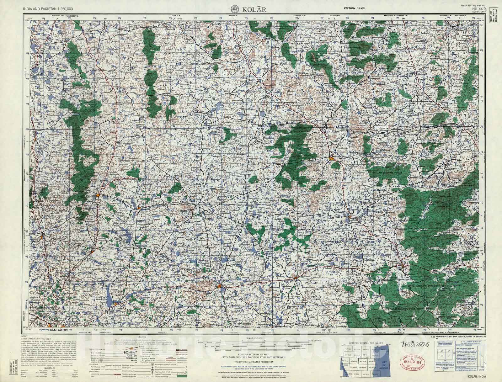 Historic 1955 Map - India and Pakistan 1:250,000. - Kolar, 1960