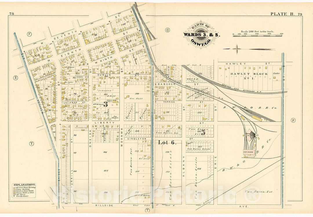 Historic 1880 Map - City Atlas of Oswego, New York - Parts of Wards 3. & 5. Oswego. Plate R. - Atlas of The City of Oswego N.Y.