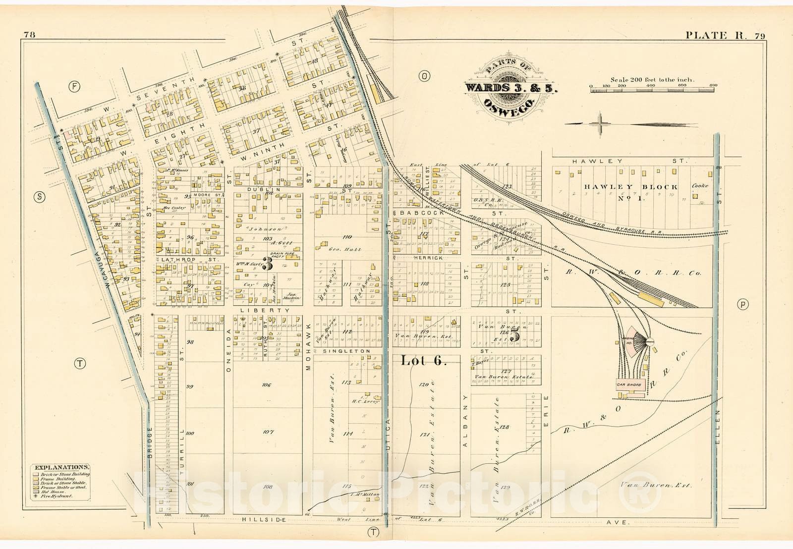 Historic 1880 Map - City Atlas of Oswego, New York - Parts of Wards 3. & 5. Oswego. Plate R. - Atlas of The City of Oswego N.Y.