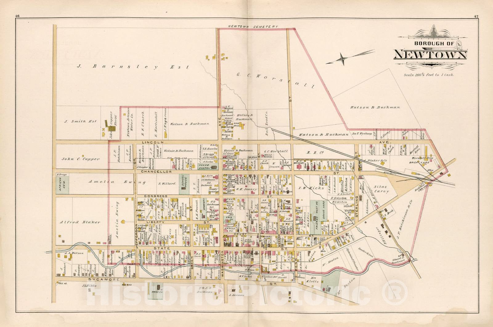 Historic 1891 Map - Atlas of Bucks Co, Penna. - Borough of Newtown - Atlas of Bucks County, Pennsylvania