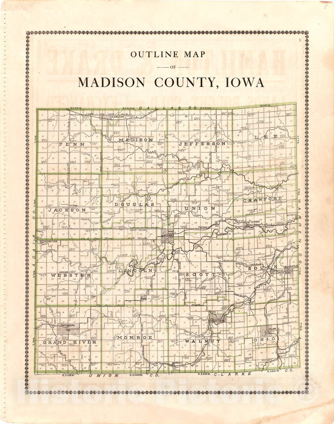 Historic 1912 Map - Atlas of Madison County, Iowa - Outline Map of Madison County, Iowa - Madison County Atlas