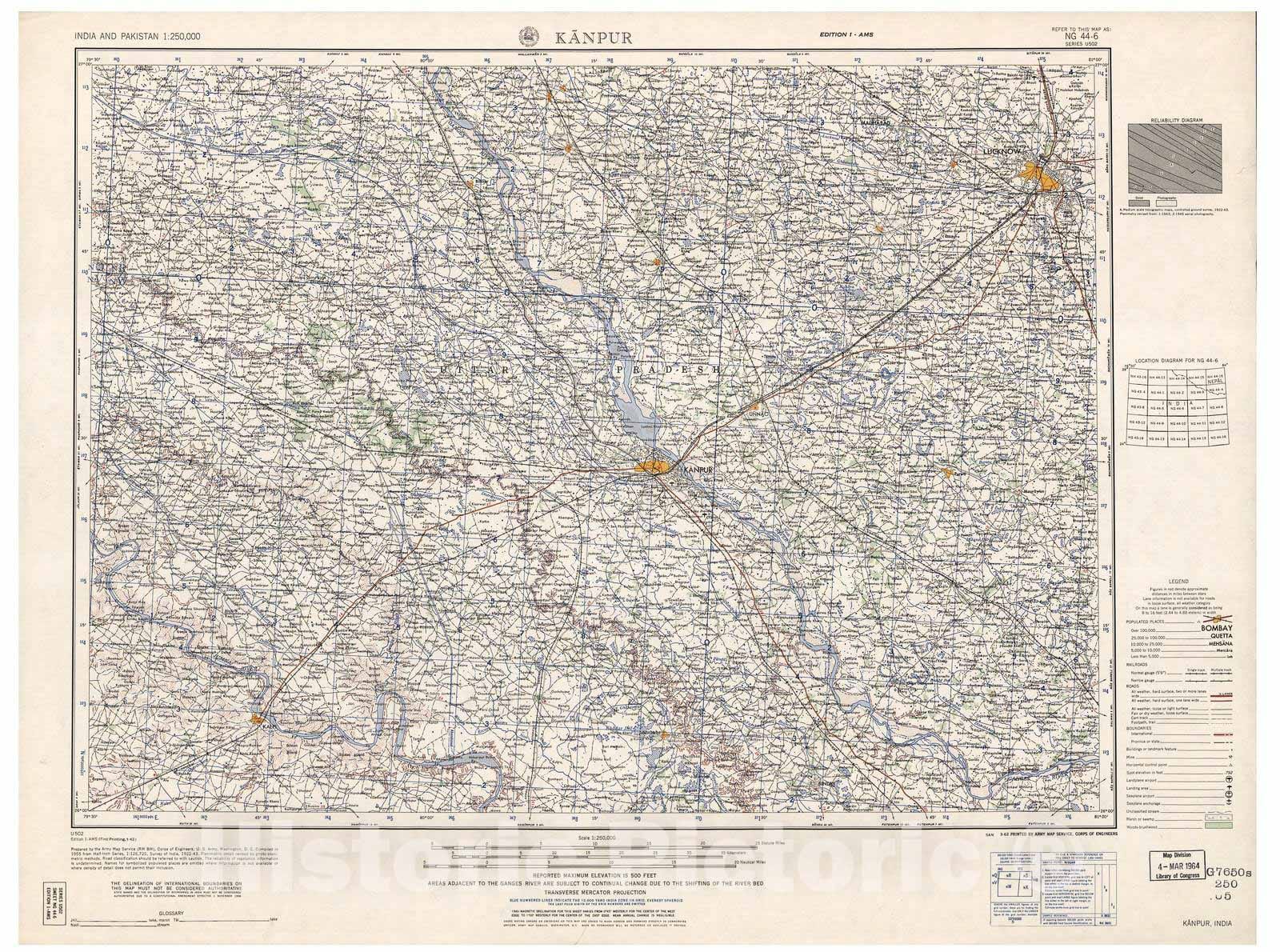 Historic 1955 Map - India and Pakistan 1:250,000. - Kanpur, India 1962