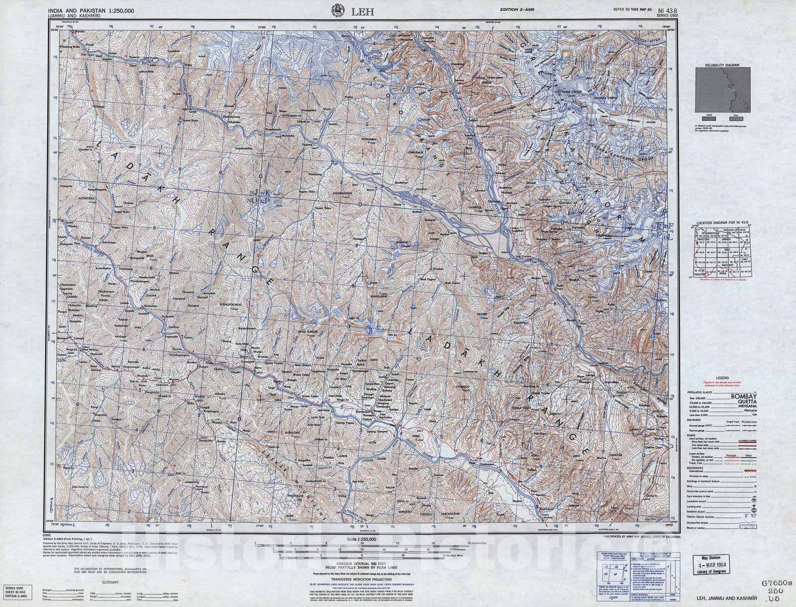 Historic 1955 Map - India and Pakistan 1:250,000. - Leh, Jammu and Kashmir 1955