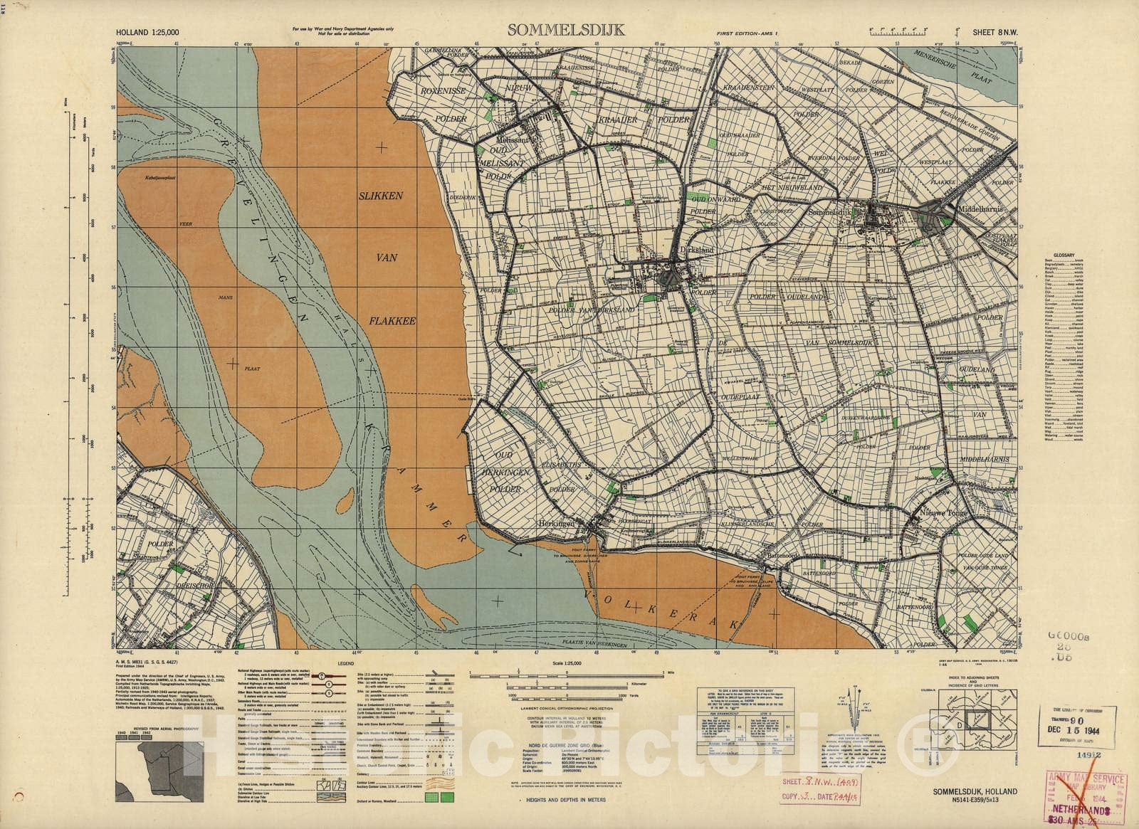 Historic 1943 Map - Holland 1:25,000 - Sommelsdijk, Holland - A.M.S. M831
