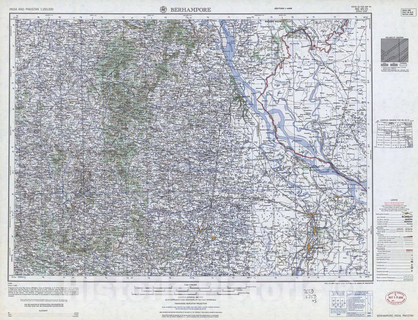 Historic 1955 Map - India and Pakistan 1:250,000. - Behrampore, India, 1961