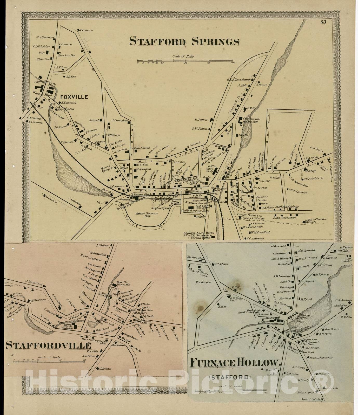 Historic 1869 Map - Atlas of Hartford and Tolland Counties - Stafford Springs; Staffordville; Furnace Hollow - Atlas of Hartford and Tolland Counties, Conn.