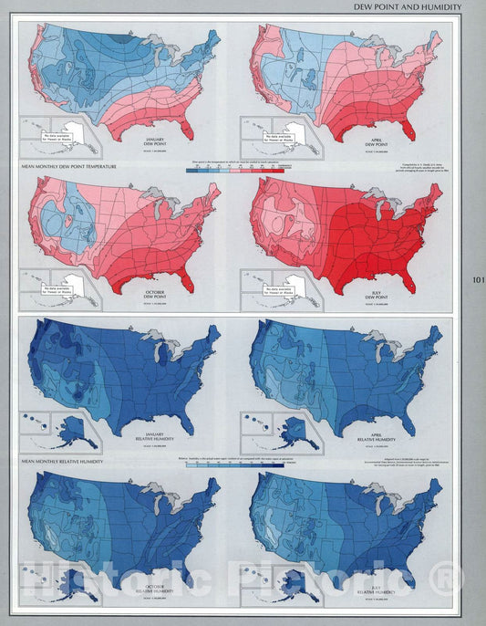 Historic 1970 Map - The National Atlas of The United States of America. - Dew Point and Humidity