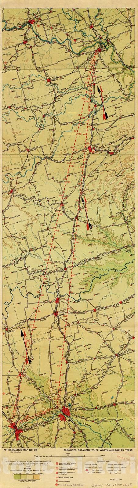 Historic 1924 Map - Aeronautical Strip maps of The United States. - No. 25, 1924 - rev. 1928 - Air Corps map