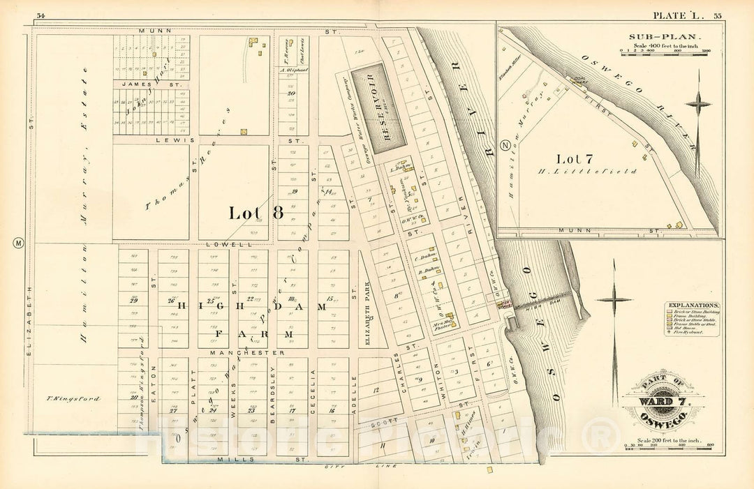 Historic 1880 Map - City Atlas of Oswego, New York - Part of Ward 7. Oswego. Plate L. - Atlas of The City of Oswego N.Y.