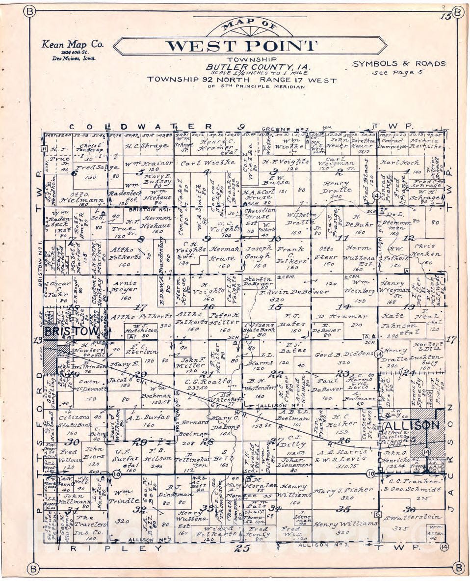 Historic 1930 Map - Atlas of Butler County, Iowa. - Map of West Point Township Butler County, Iowa