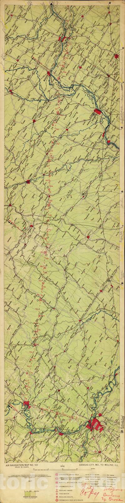 Historic 1924 Map - Aeronautical Strip maps of The United States. - No. 101, 1927 Annotated by Grove - Air Corps map