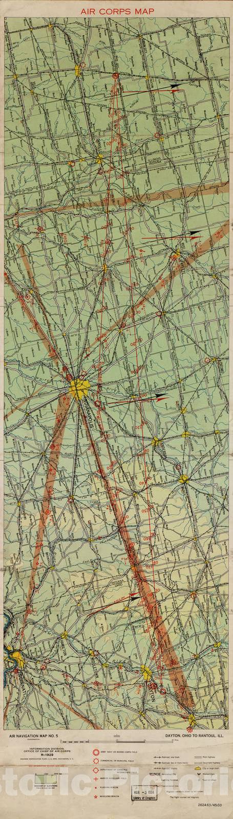 Historic 1924 Map - Aeronautical Strip maps of The United States. - No. 5, 1929 - rev. Feb. 1934 - Air Corps map