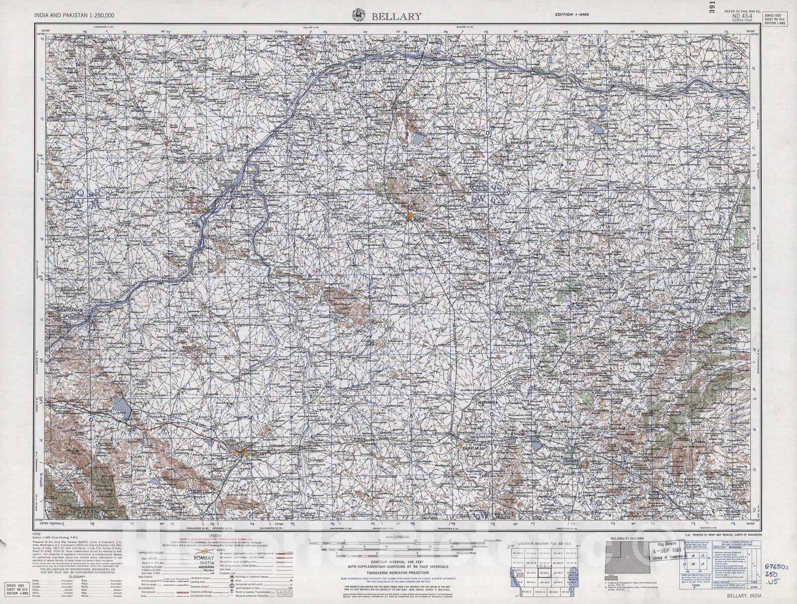 Historic 1955 Map - India and Pakistan 1:250,000. - Bellary, 1961