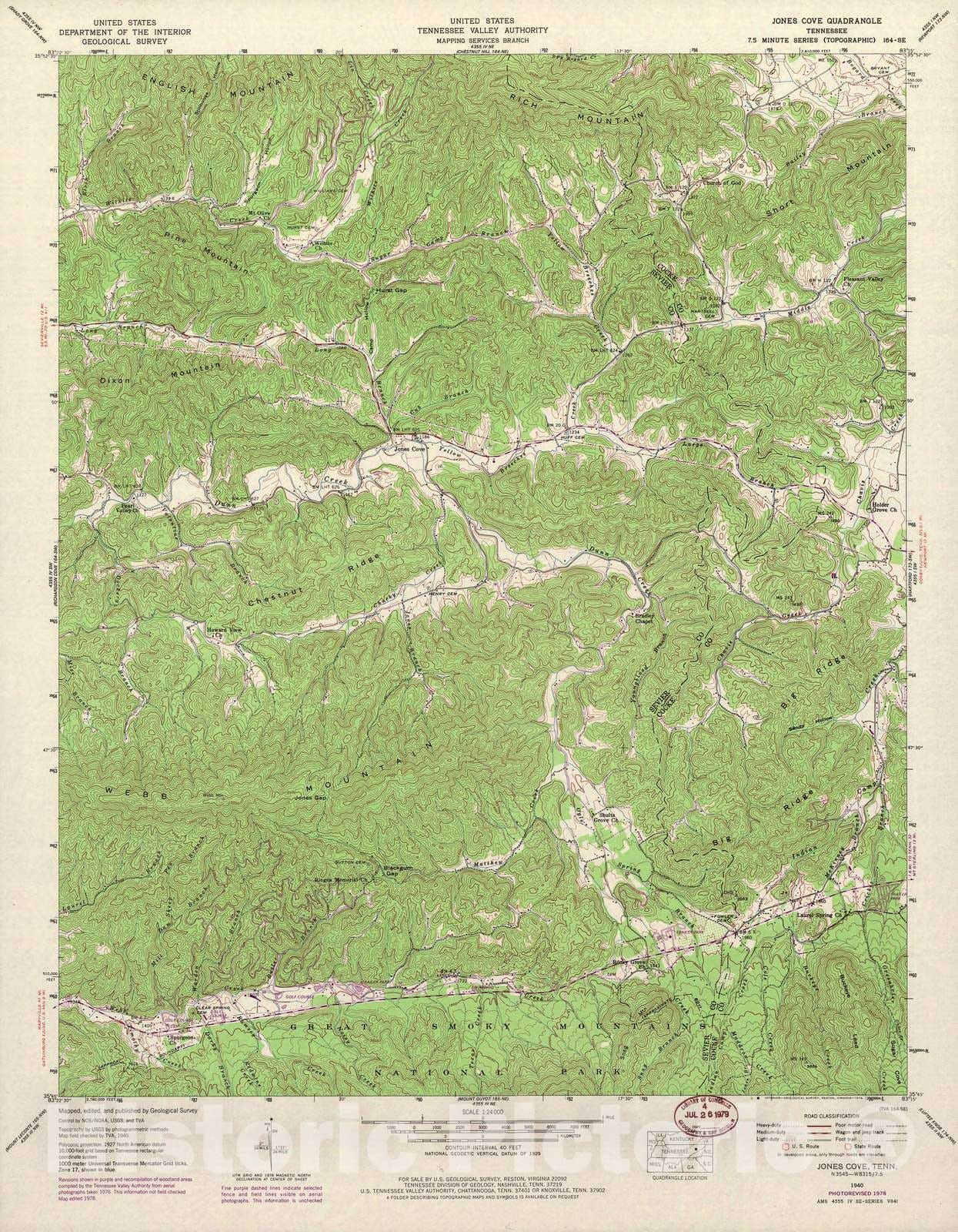 Historic 1935 Map - Tennessee. - Scale 1:24,000 (1978) - Jones Cove