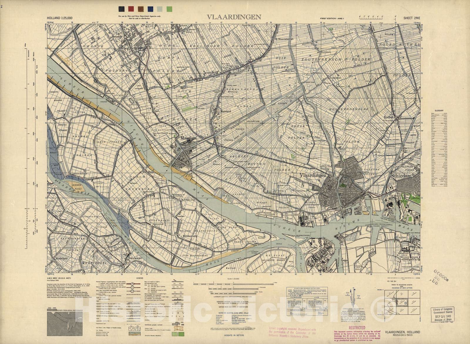 Historic 1943 Map - Holland 1:25,000 - Vlaardingen, Holland - A.M.S. M831