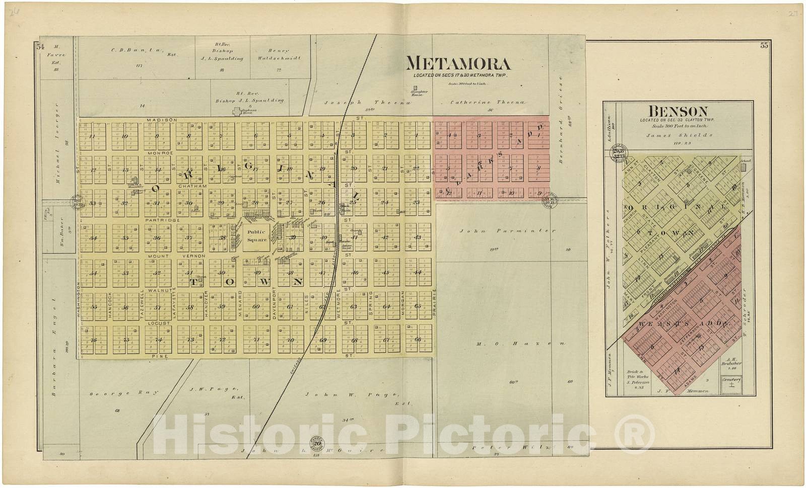 Historic 1893 Map - Plat Book of Woodford County, Illinois - Metamora 1