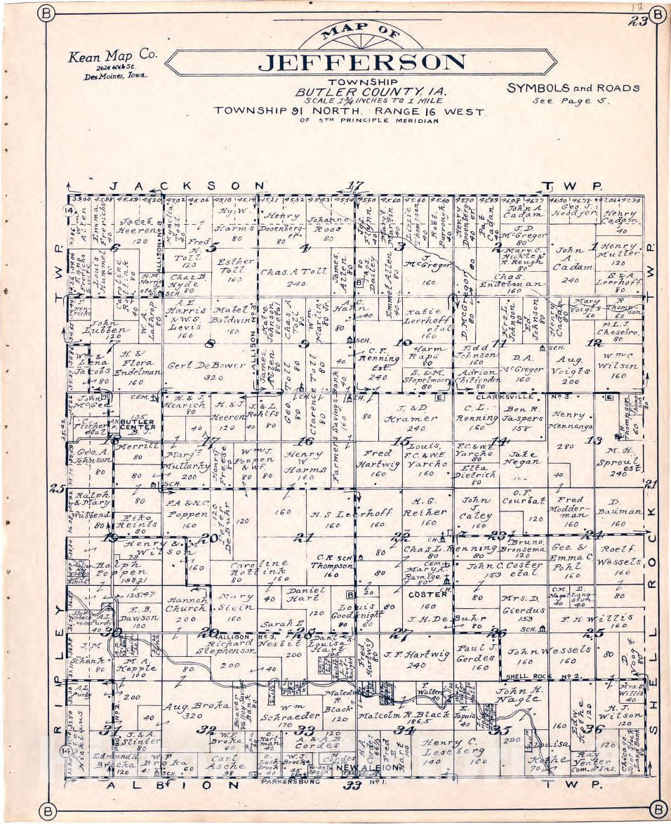 Historic 1930 Map - Atlas of Butler County, Iowa. - Map of Jefferson Township Butler County, Iowa