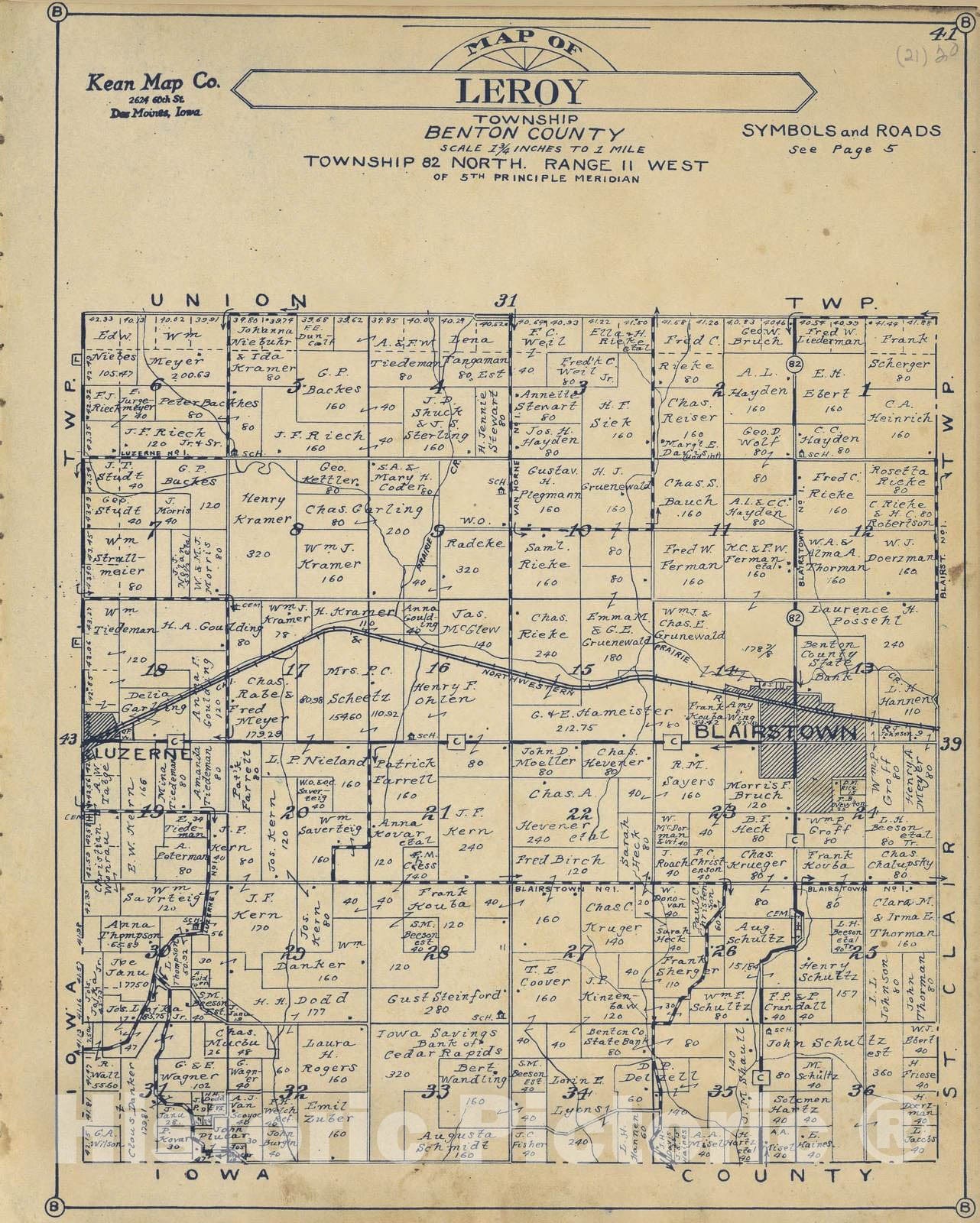 Historic 1930 Map - Atlas of Benton County, Iowa. - Leroy Township