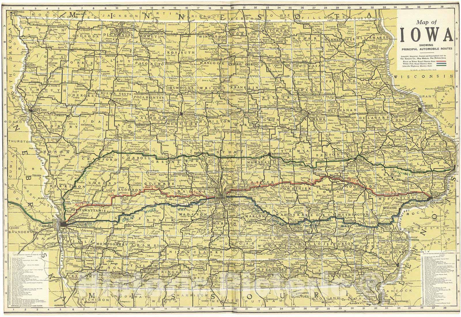 Historic 1914 Map - Atlas and plat Book of Jasper County, Iowa - Map of Iowa Showing Principal Automobile Routes - Standard Atlas and Directory of Jasper County, Iowa