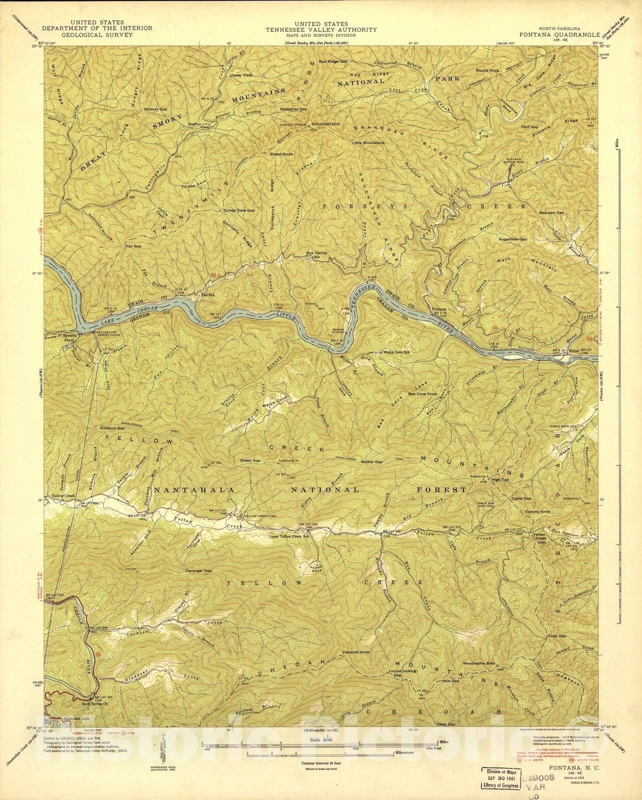 Historic 1935 Map - North Carolina. - Scale 1:24,000 (1941) - Fontana