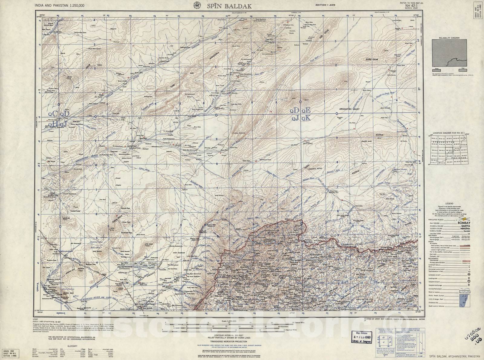 Historic 1955 Map - India and Pakistan 1:250,000. - Spin Baldak, Afghanistan, Pakistan 1959