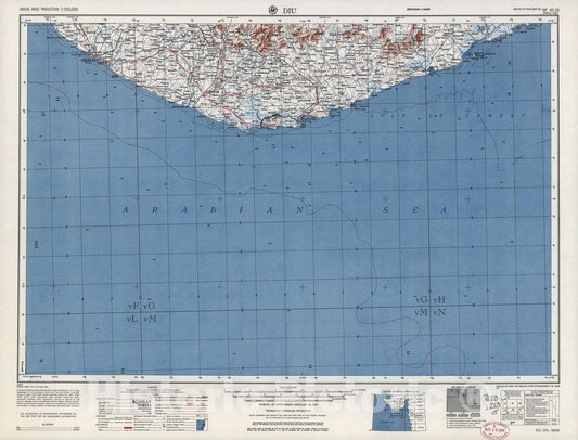 Historic 1955 Map - India and Pakistan 1:250,000. - Diu, 1956
