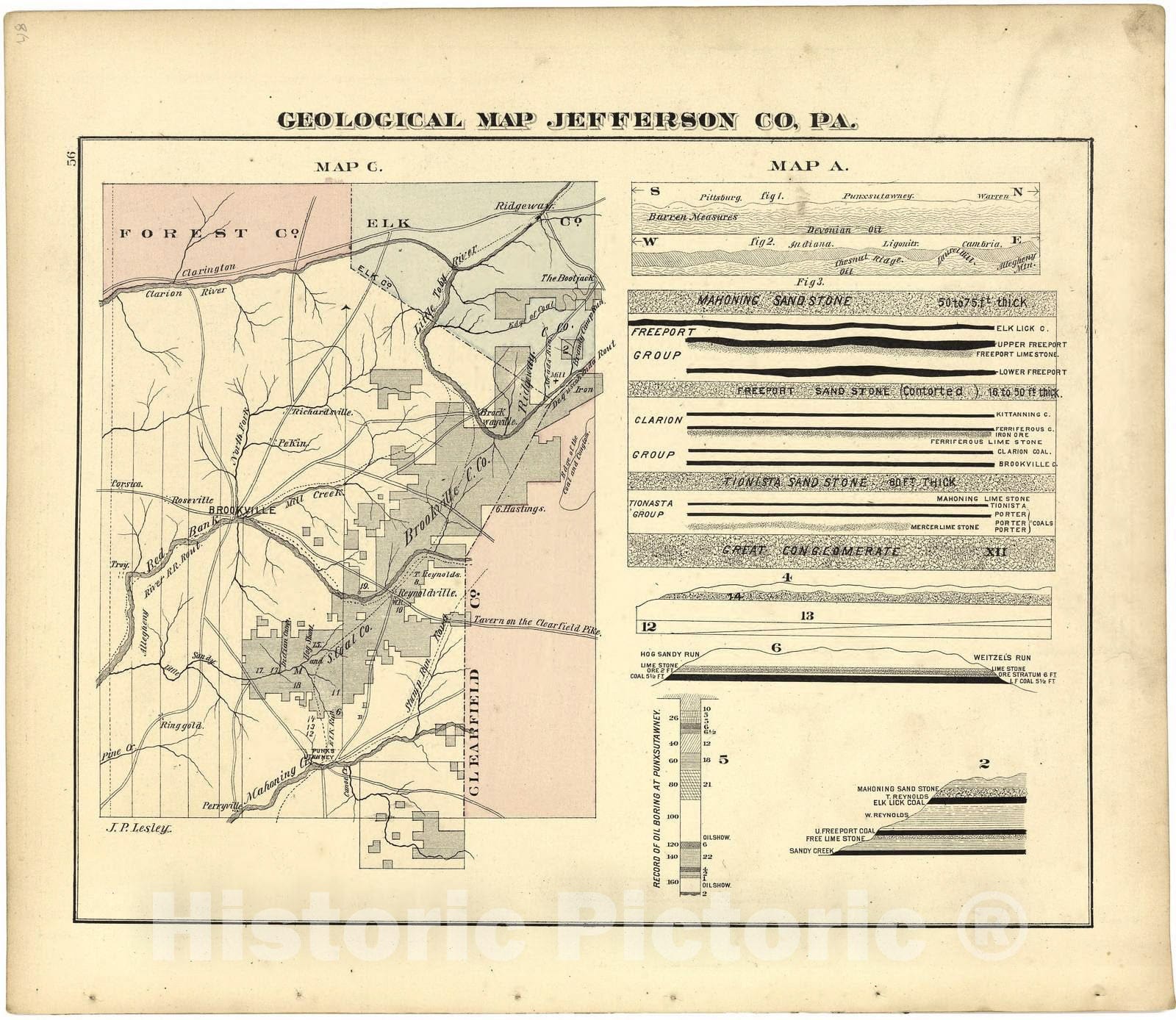Historic 1878 Map - Atlas of Jefferson County, Pennsylvania - Geological Map Jefferson Co. Pa.