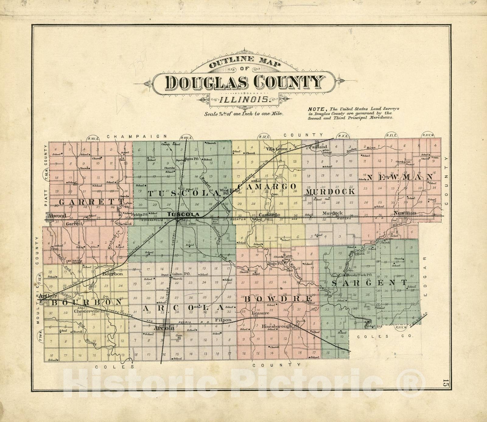 Historic 1893 Map - Plat Book of Douglas Co, Illinois - Outline Map of Douglas County - Plat Book of Douglas County, Illinois