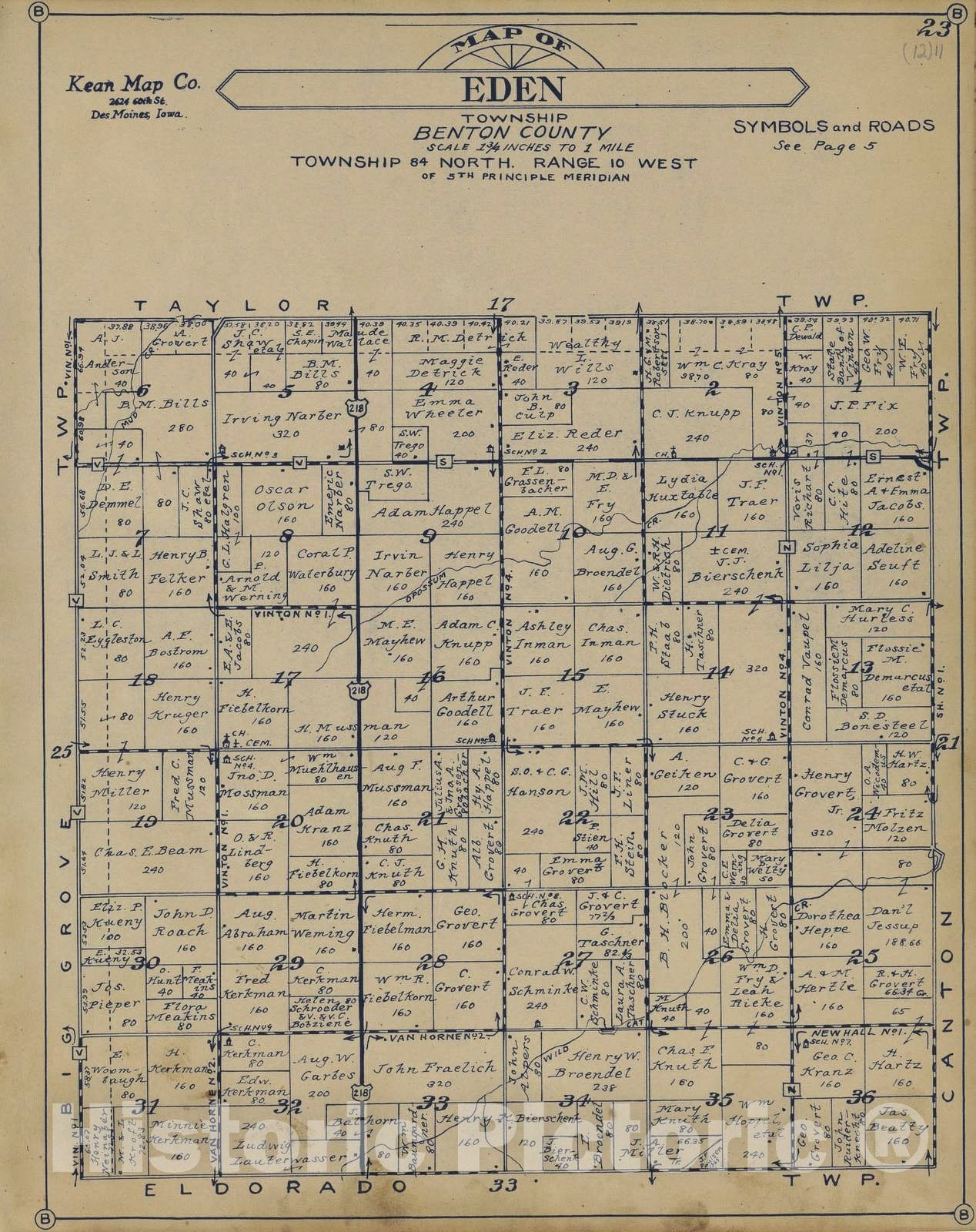 Historic 1930 Map - Atlas of Benton County, Iowa. - Eden Township