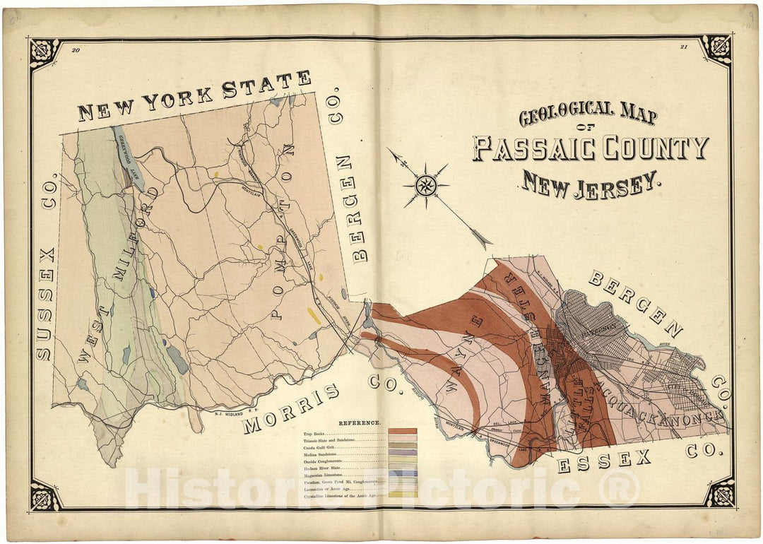 Historic 1877 Map - Atlas of Passaic County, New-Jersey - Geological Map of Passaic County, New Jersey - Atlas of Passaic County, New-Jersey :