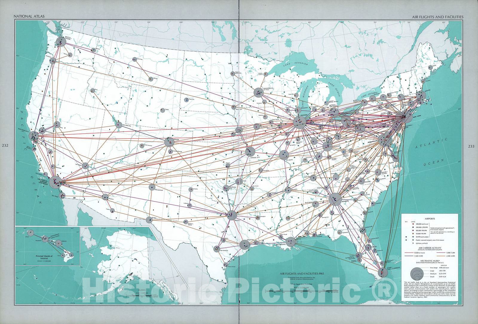 Historic 1970 Map - The National Atlas of The United States of America. - Air Flights and Facilities