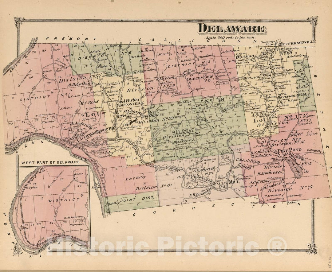 Historic 1875 Map - County Atlas of Sullivan, New York - Delaware