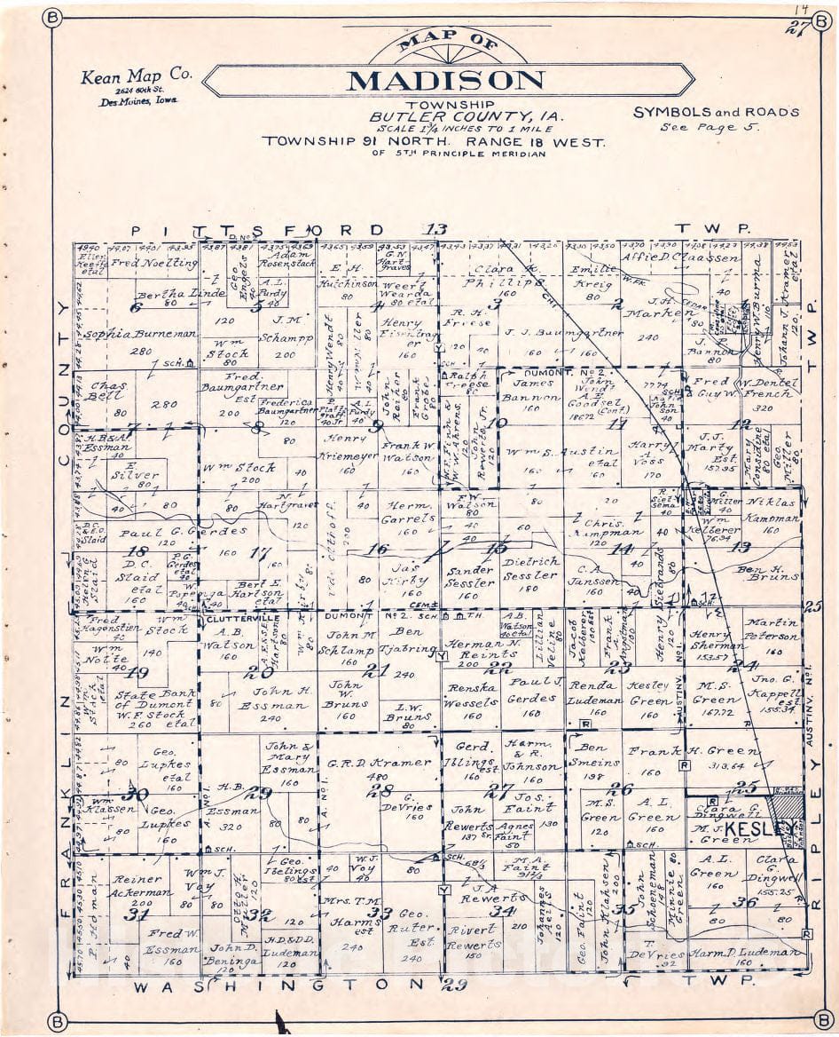 Historic 1930 Map - Atlas of Butler County, Iowa. - Map of Madison Township Butler County, Iowa