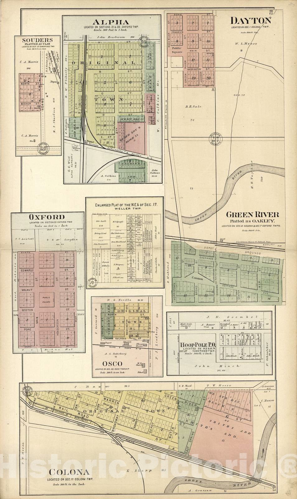 Historic 1893 Map - Plat Book of Henry County, Illinois - Souders; Alpha; Dayton