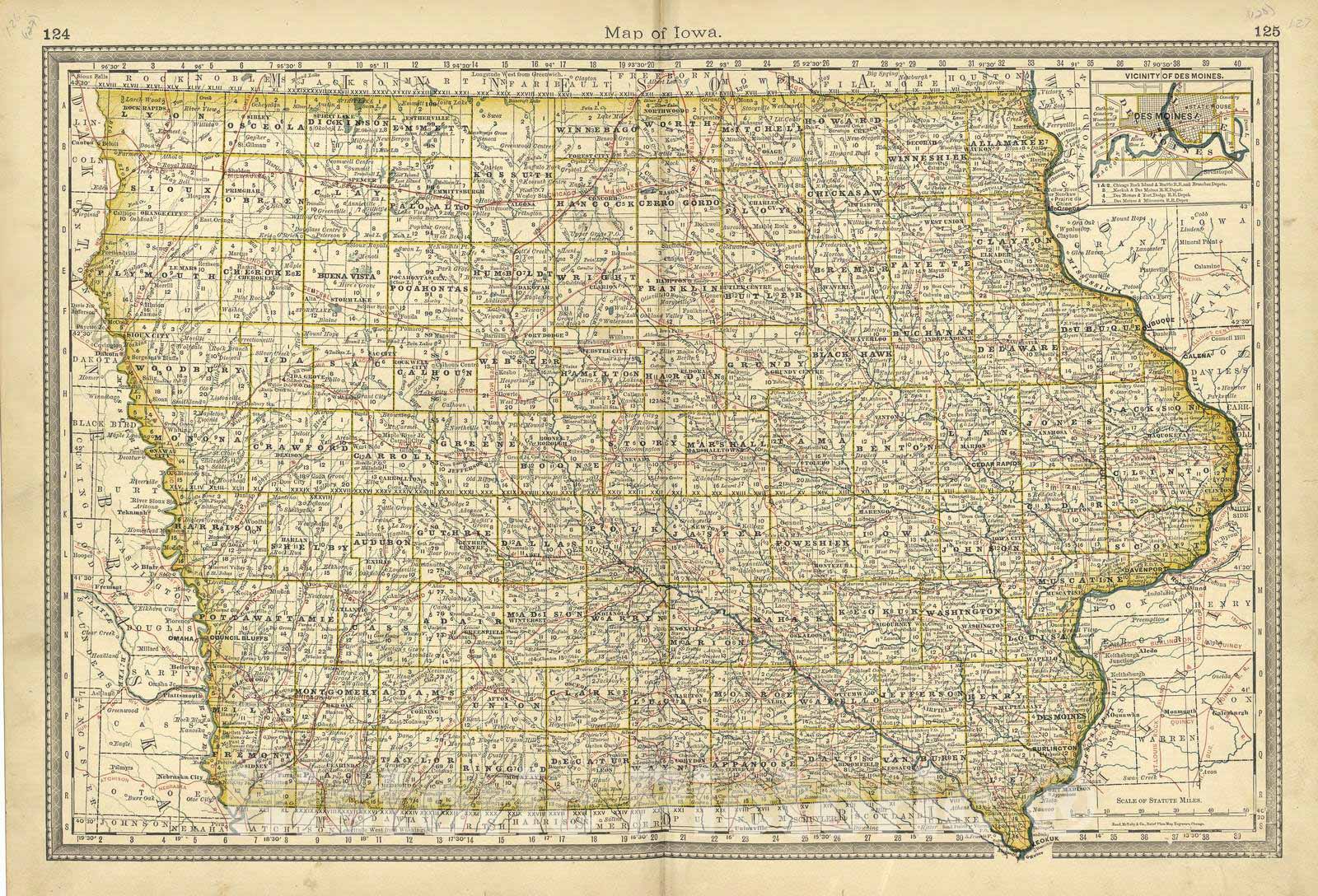 Historic 1881 Map - Historical Hand-Atlas, Illustrated - Map of Iowa - Historical Hand Atlas, Illustrated, General & Local