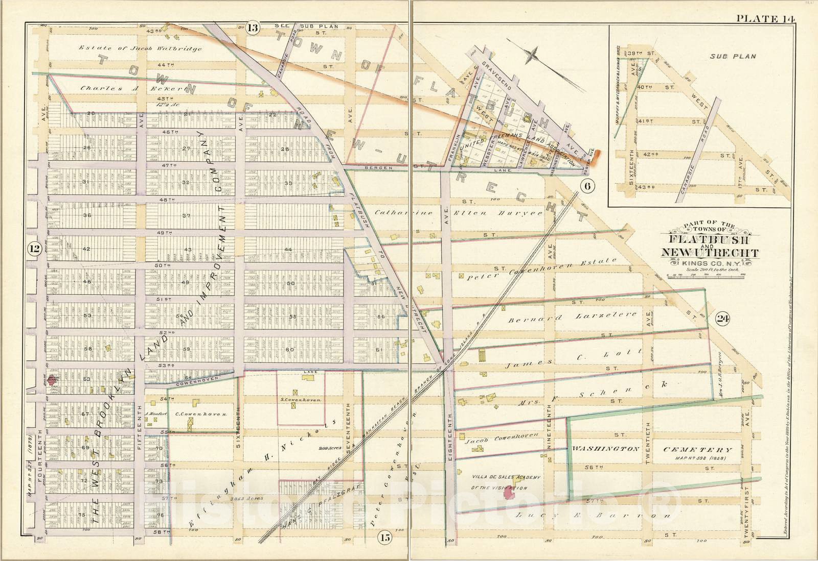 Historic 1890 Map - Robinson's Atlas of Kings County, New York - Plate 14 - Part of The Towns of Flatbush and New Utrecht, Kings Co, N.Y.