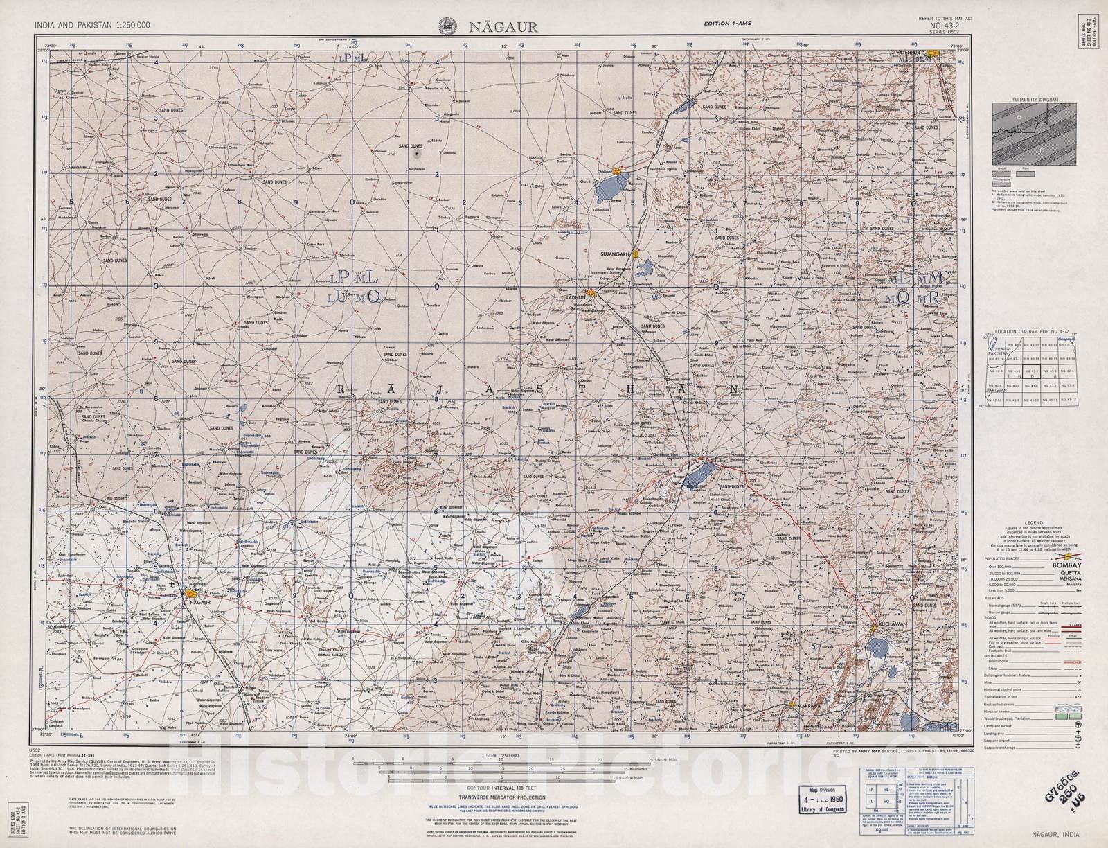 Historic 1955 Map - India and Pakistan 1:250,000. - Nagaur, India 1959