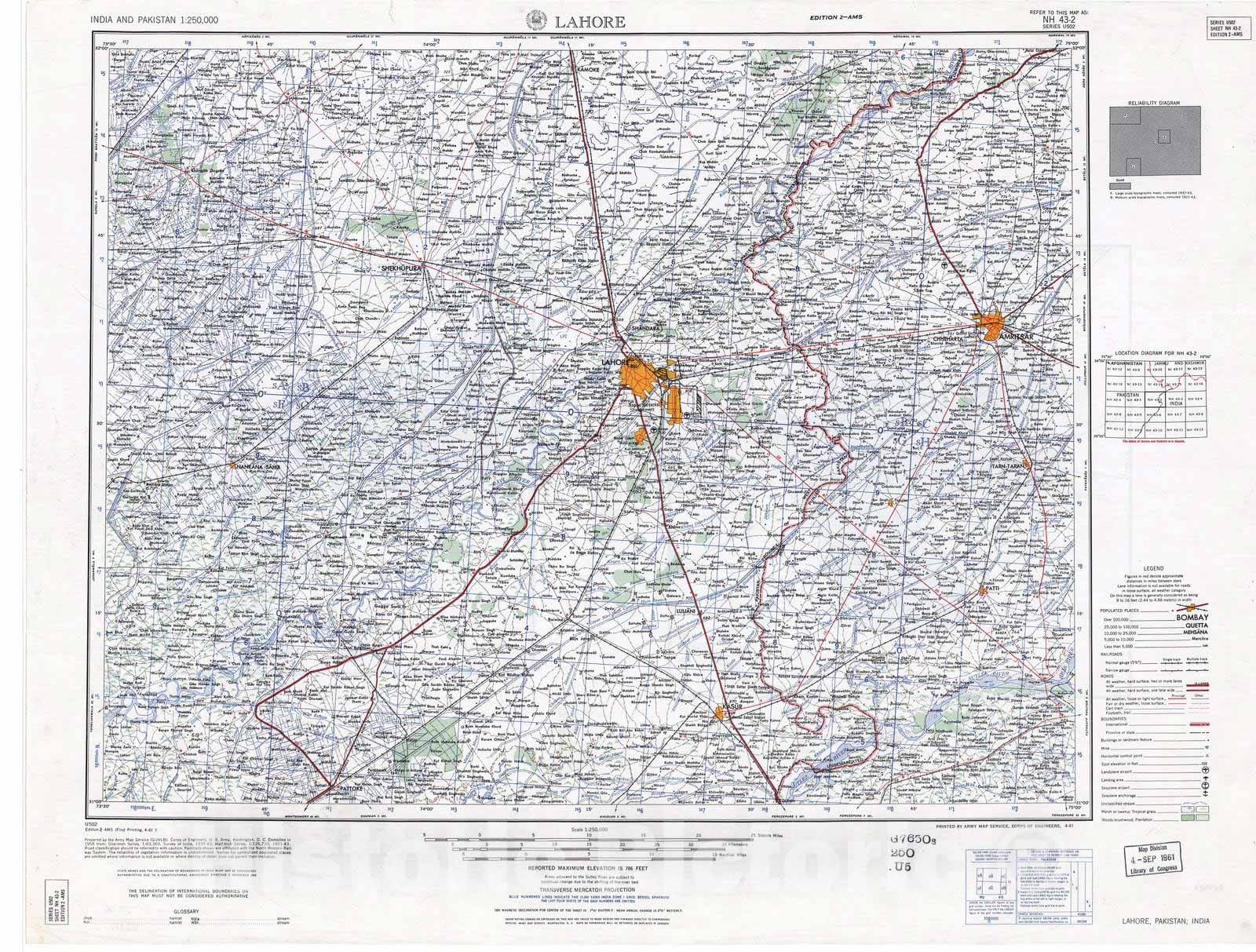 Historic 1955 Map - India and Pakistan 1:250,000. - Lahore, Pakistan, India 1961