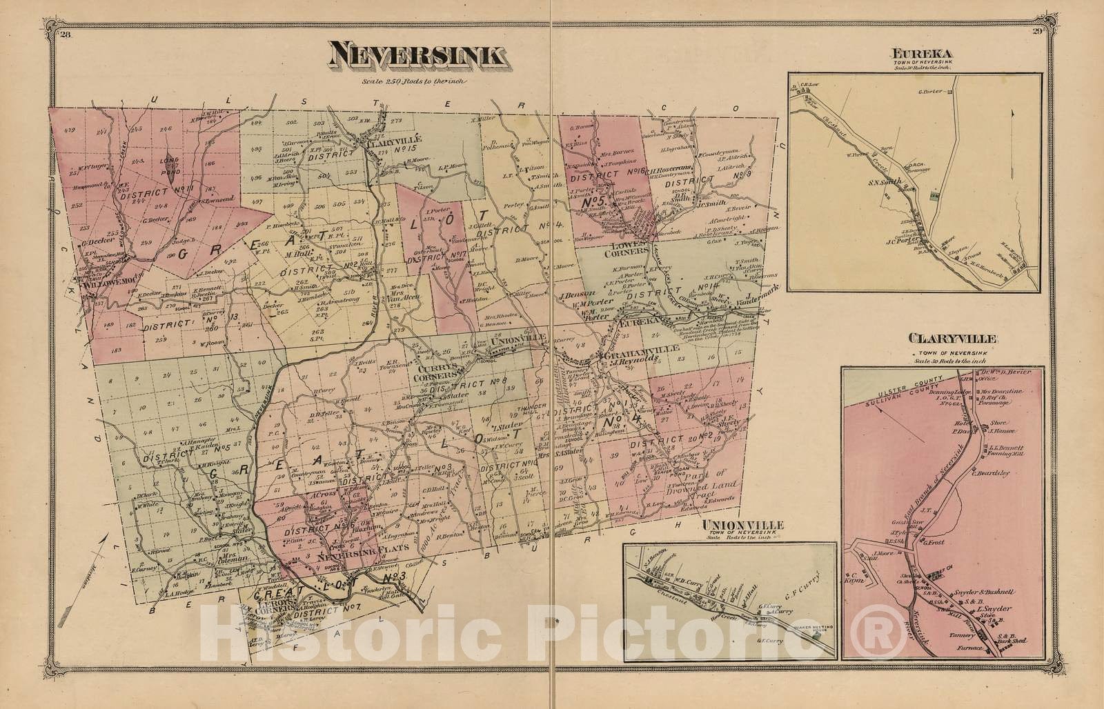 Historic 1875 Map - County Atlas of Sullivan, New York - Neversink